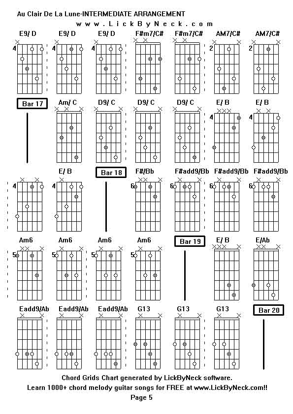 Chord Grids Chart of chord melody fingerstyle guitar song-Au Clair De La Lune-INTERMEDIATE ARRANGEMENT,generated by LickByNeck software.